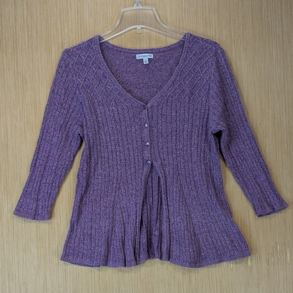Coquette Y2K Feminine Knit Cardigan V-Neck Split Hem Sweater Large Purple Cotton